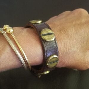 Vintage Leather & Brass Screw Studded Bracelet Buckle Strap & Free Gift